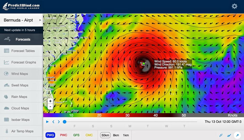 Hurricane path - Bermuda - Hurricane Nicole - October 13, 2016  © PredictWind